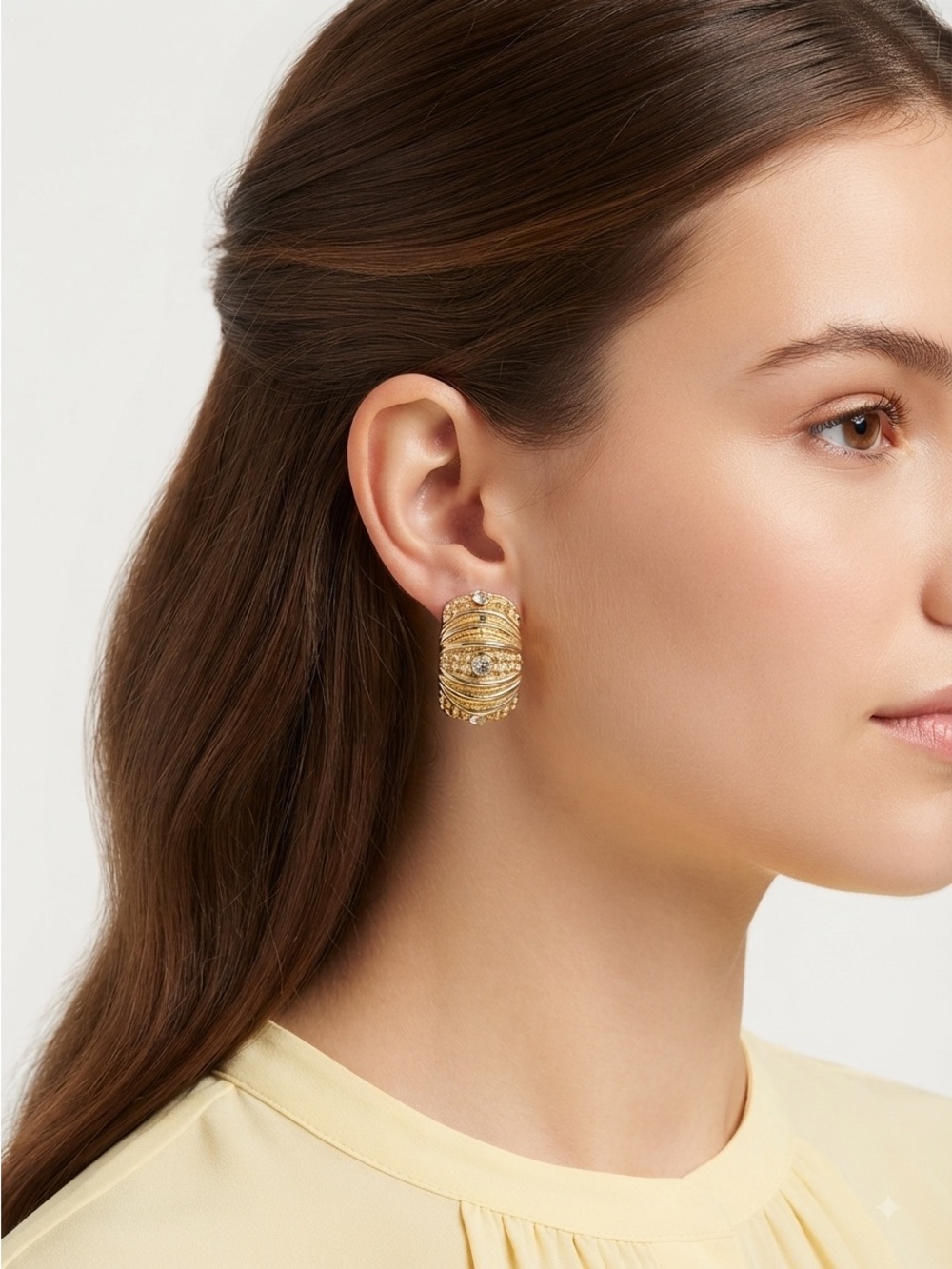 Vintage 80s Gold Dome Earrings | Ribbed Rhinestone Statement - Picture 10 of 14